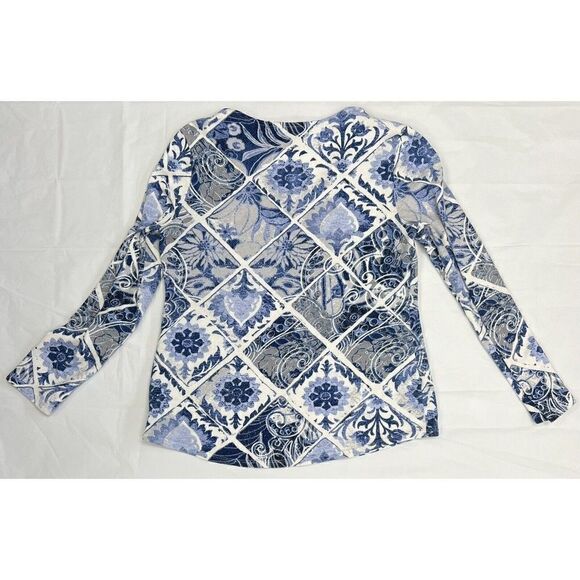 Chico's Victorian Annabel Tiles Top Size 0 - XS Blue & White Stretch - Picture 4 of 5